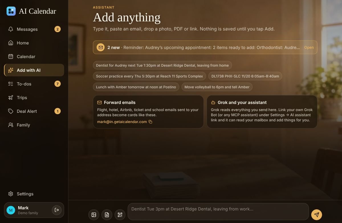 The Add with AI screen: paste text, forward an email, or attach a photo or PDF