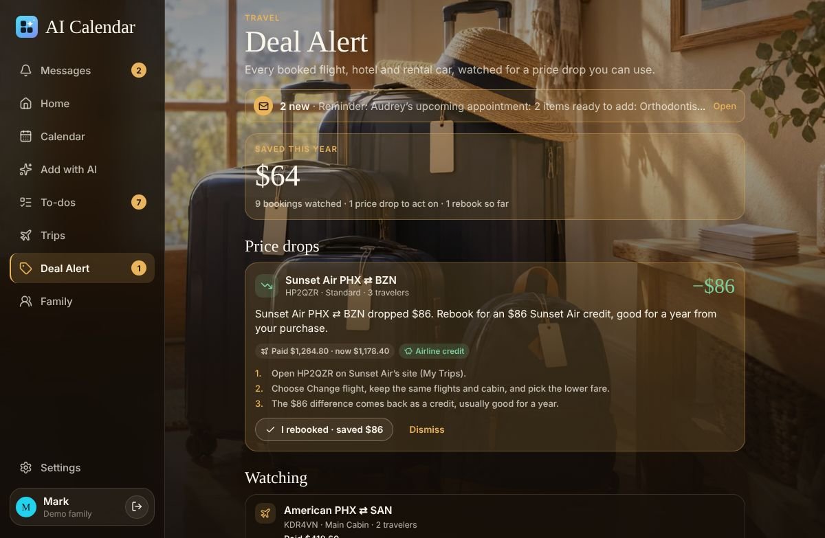 Deal Alert with a fare drop, the rebooking steps and the running total
