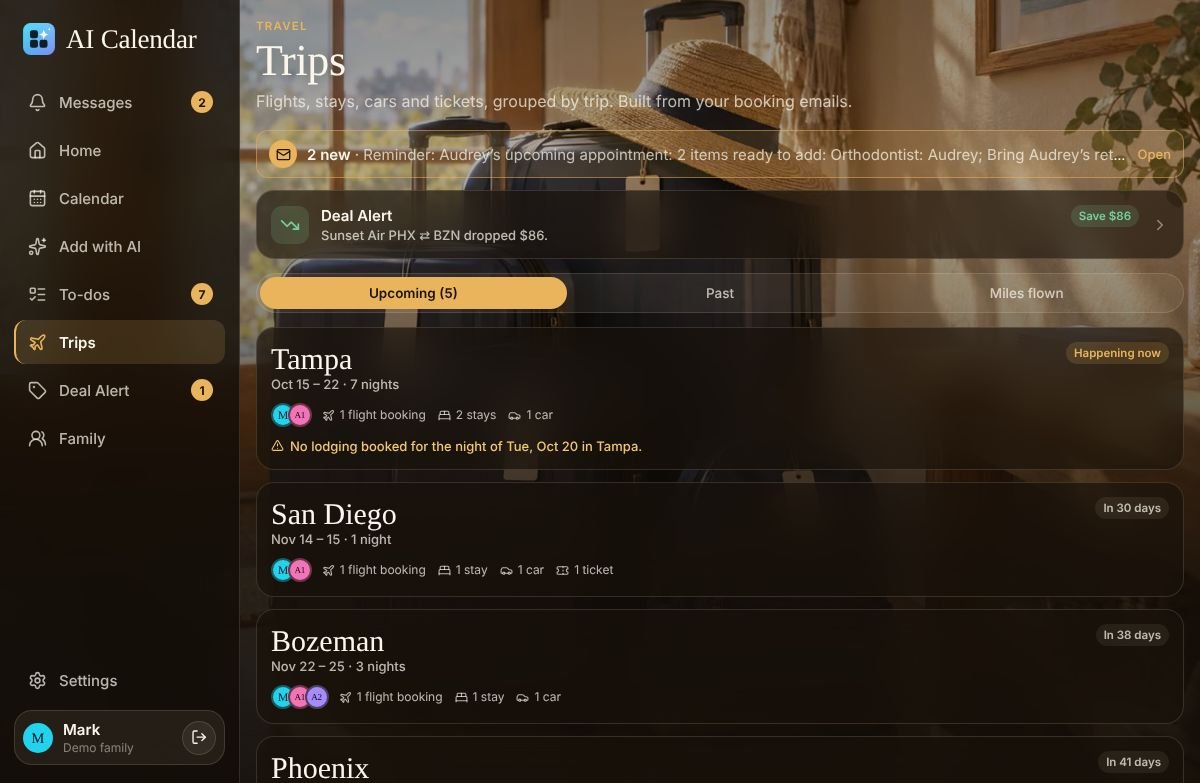 A trip screen with flights, hotel and rental car and their confirmation numbers