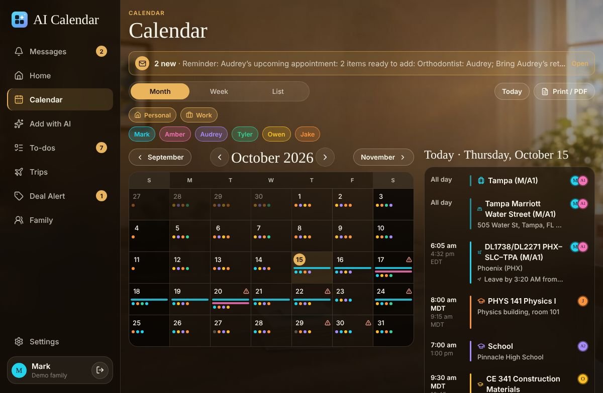 The week view of a family calendar with practices and games on several kids