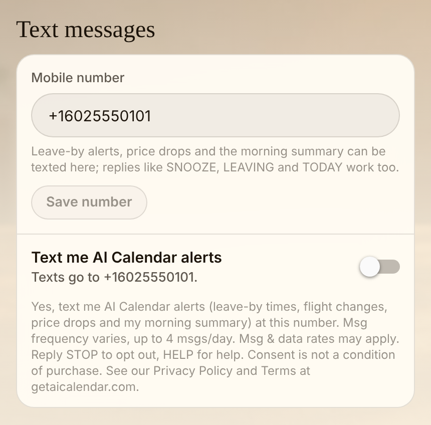 The Text messages section of a member's profile: mobile number field and the Text me AI Calendar alerts switch, off, with the consent wording below it